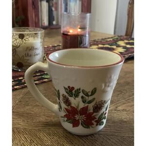 Longaberger Natures Garland Christmas Mug Cup Poinsettia Pine Holly Holiday Red